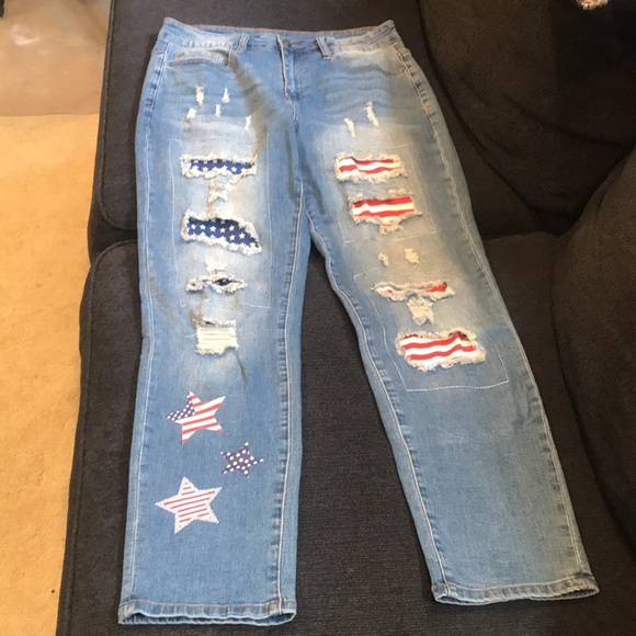 US Flag Stars and Stripes Distressed Patchwork 5 Pocket Straight Leg Jeans-L - Picture 9 of 10